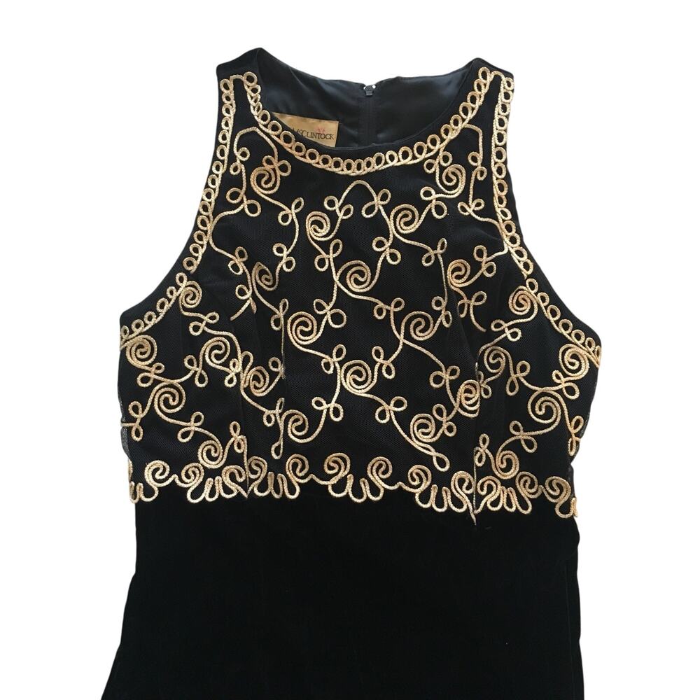 Black Velvet Gown Dress Scott McClintock Gold White Embroidered Overlay Size 6